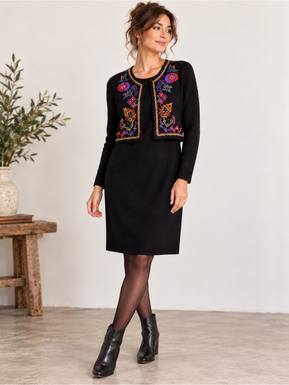 Vintage Carole Little Embroidered Sweater Dress Faux Bolero Wearable Art